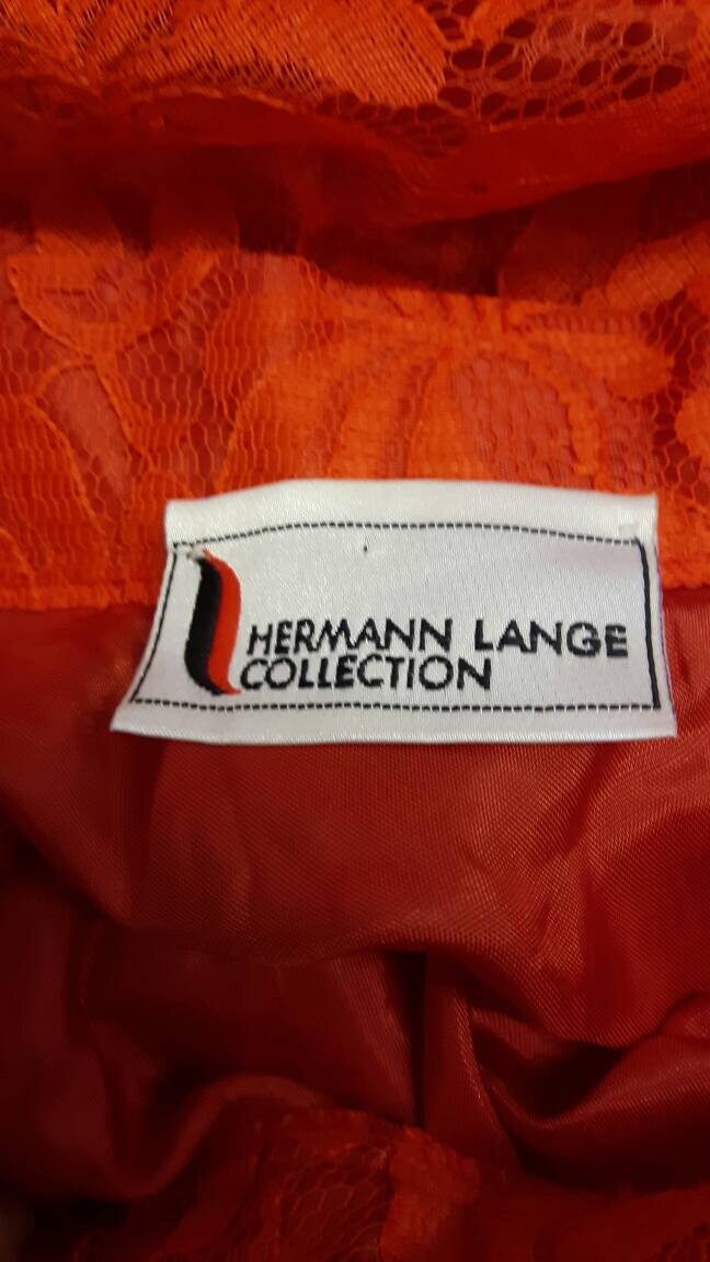 80s Bright Red Lace Midi Skirt by Hermann Lange, Neon Full Skirt, Size Small