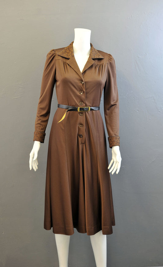 70s Bronze Shirtdress with Belt, Button Front Satin Jersey Midi, Size Small