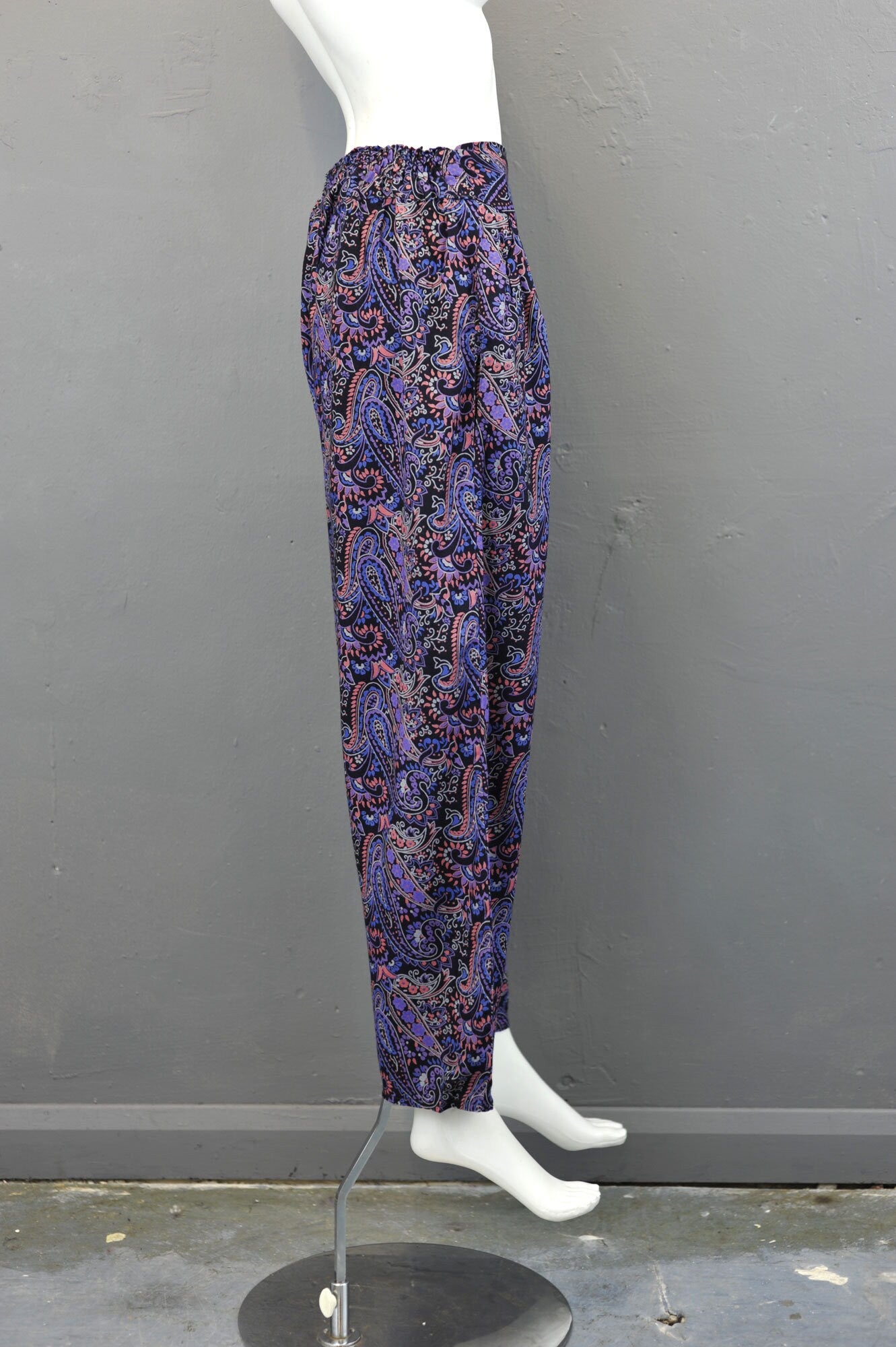 80s Purple Paisley Trousers, High Waist Summer Beachwear, Size Small Medium