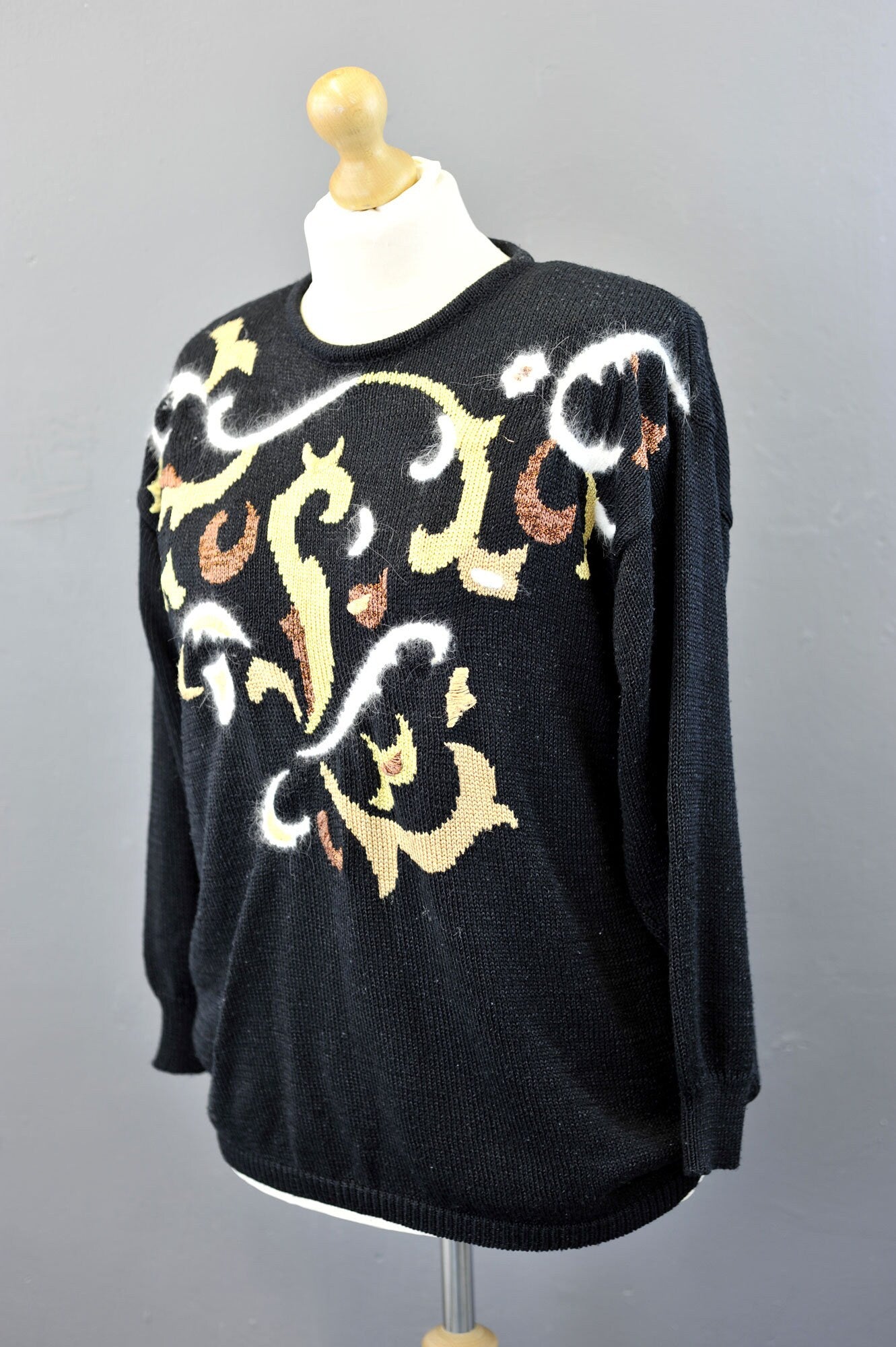 80s Sweater with Angora Curlicue Design, Kitsch Festive Flourish, Size Large XL