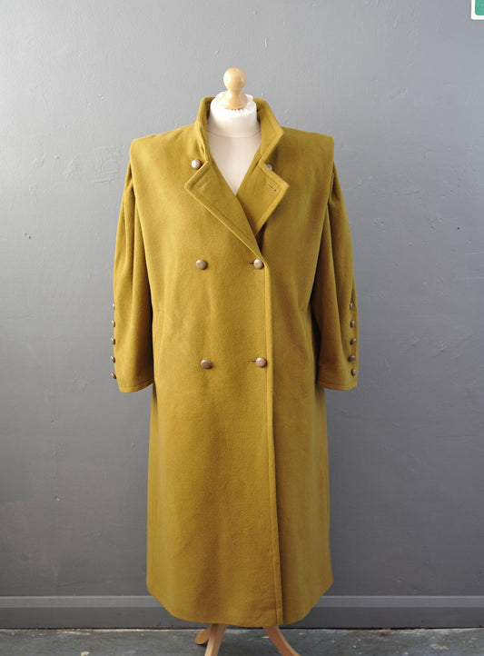80s Long Cashmere Wool Coat in Golden Mustard, Double Breasted, Size Large XL