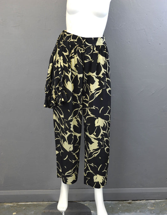 80s Tropical Summer Trousers with Sash Swag, High Waist Loose Fit, Big Flower Print, Size Small