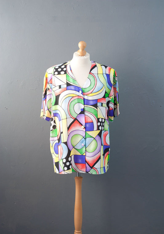 80s Cubist Shirt, Modernist Art Plus Size Blouse, Multicoloured Short Sleeve