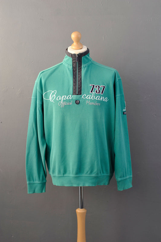 Y2K Ribbed Cotton Jumper with Zip Neck High Collar, Mint Green Engbers Capa Cabana, Size XXL