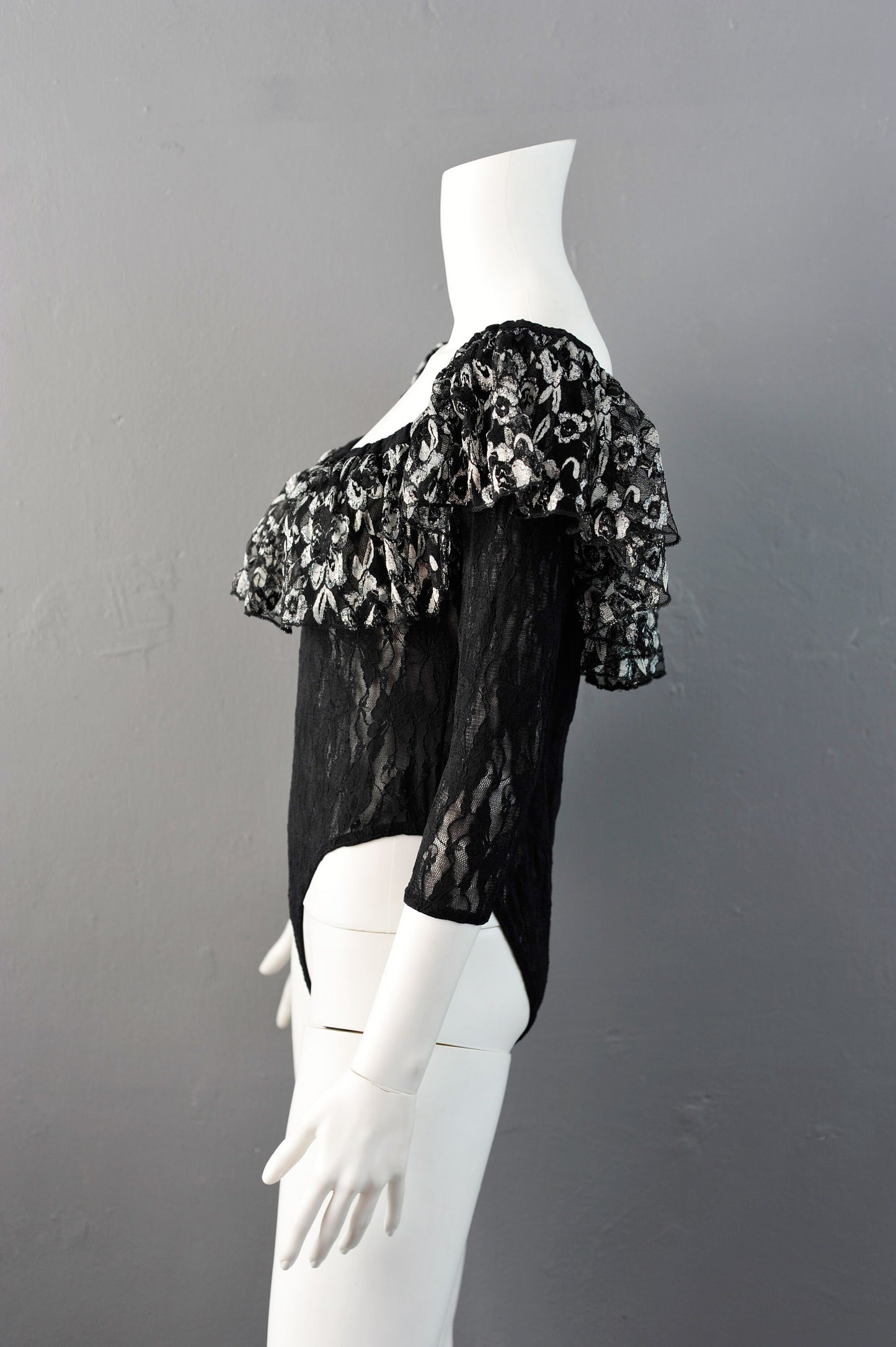 Vintage 80s Lace Body with Off Shoulder Ruffle by Buchholz, Size Medium Large