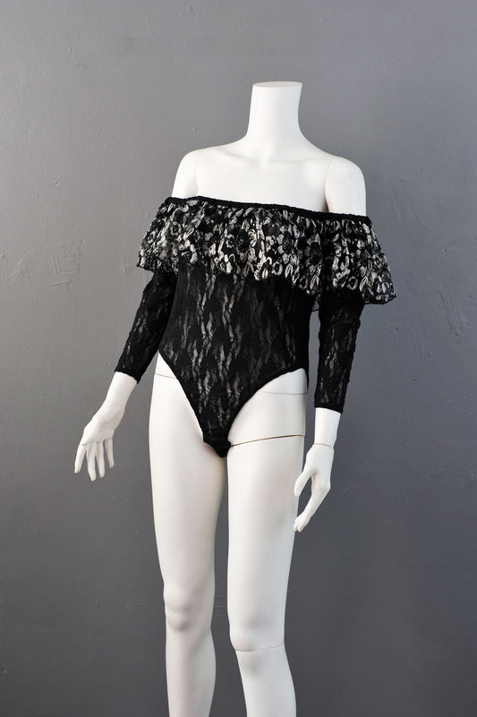 Vintage 80s Lace Body with Off Shoulder Ruffle by Buchholz, Size Medium Large