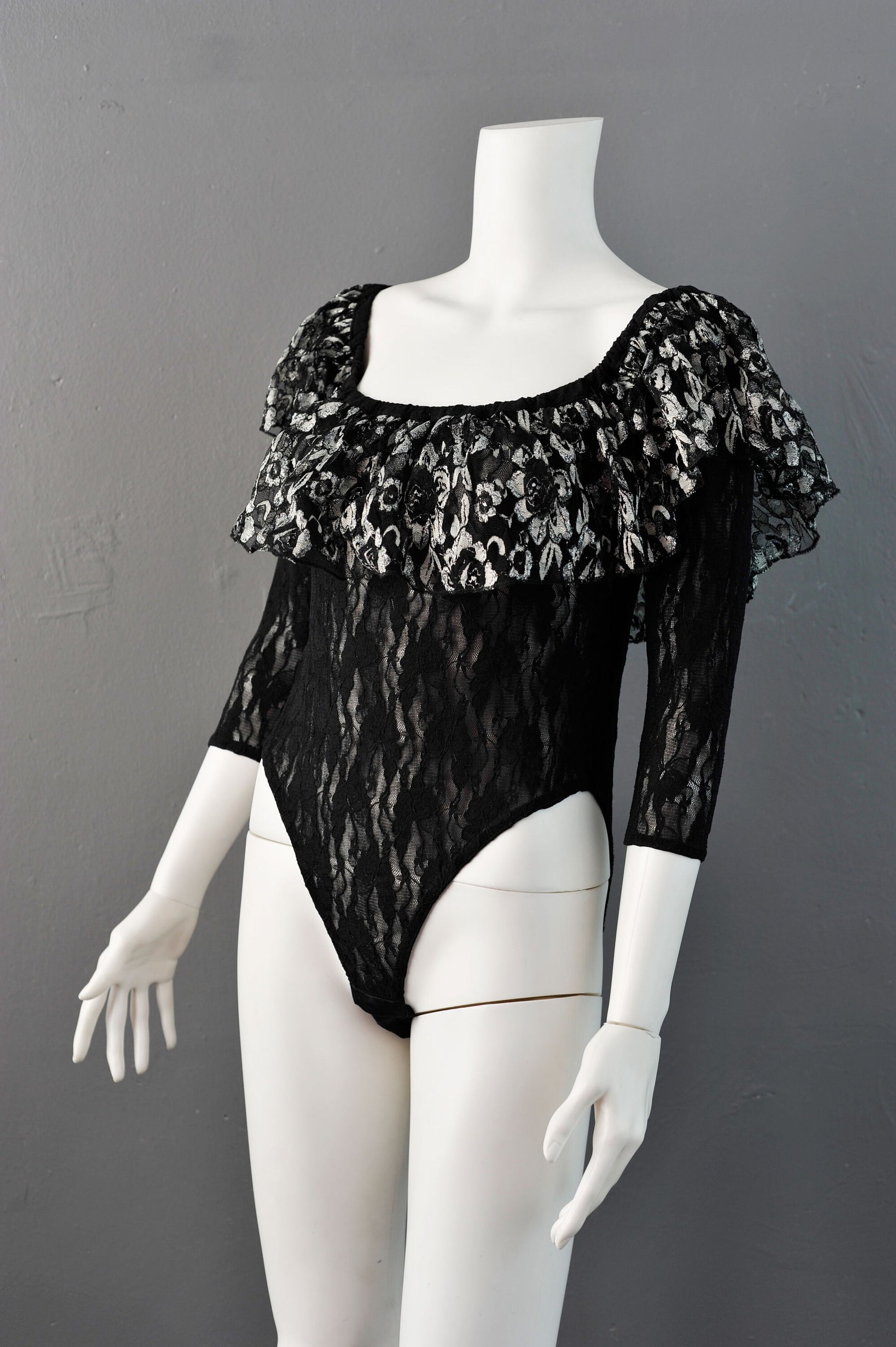Vintage 80s Lace Body with Off Shoulder Ruffle by Buchholz, Size Medium Large