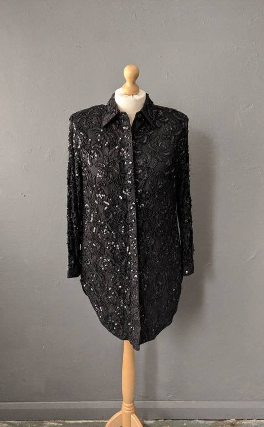 90s Frank Usher Beaded Sequin Lace Shirt, Size Large
