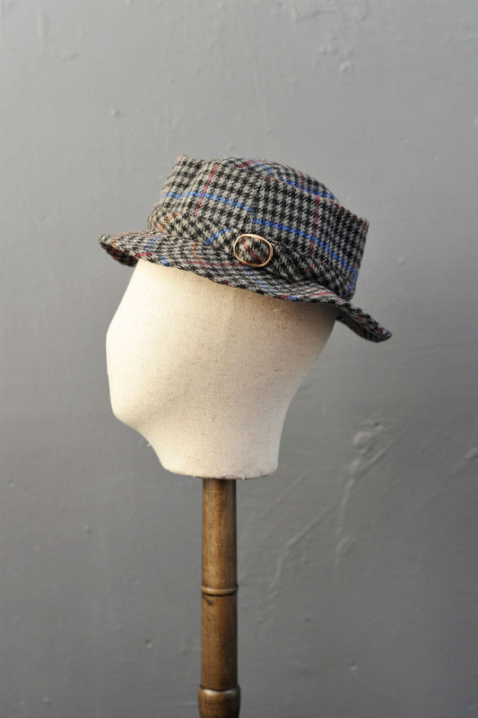 80s Wool Tweed Porkpie Hat, Topman Check Walking Headwear, Mens Size Small 55
