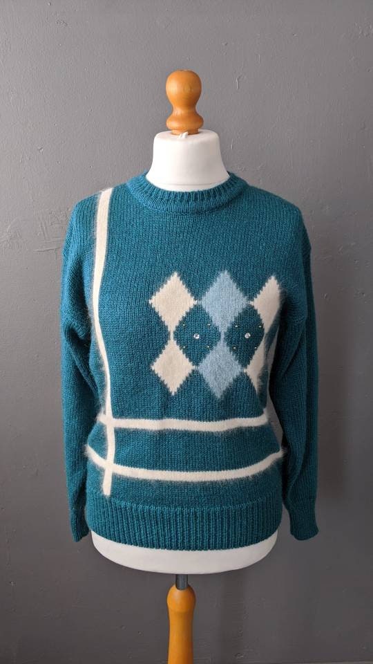 Argyle Angora Sweater, 80s Sea Green Jumper, Preppy Mohair Pullover, Size Medium Large