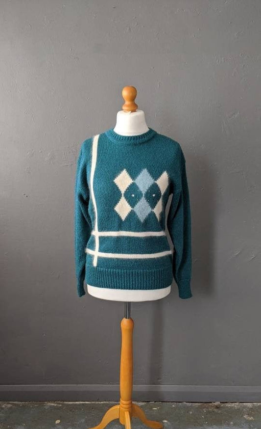 Argyle Angora Sweater, 80s Sea Green Jumper, Preppy Mohair Pullover, Size Medium Large