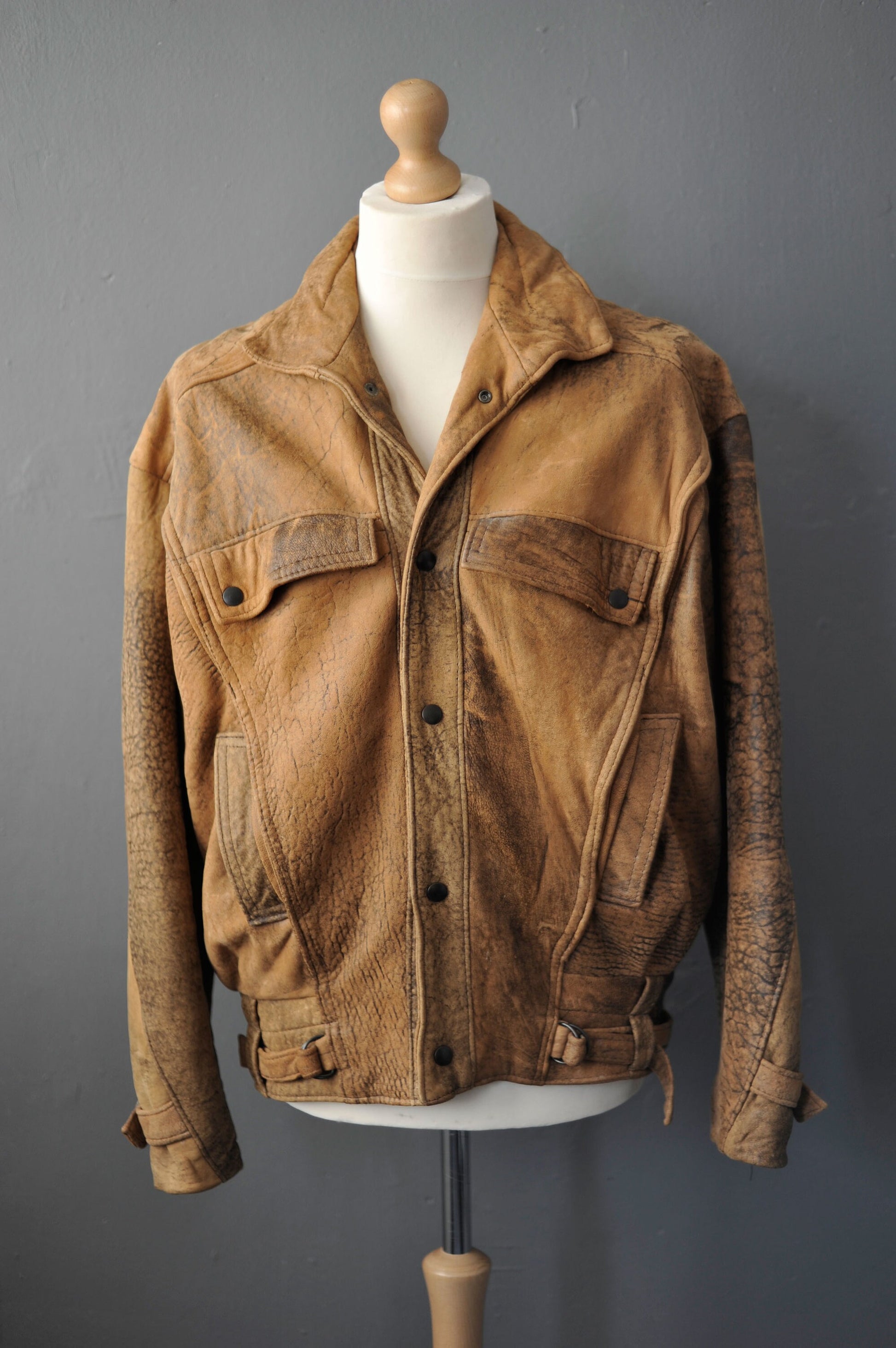 80s Tan Leather Coat, Eighties Dystopia Aviator Jacket, Size Medium