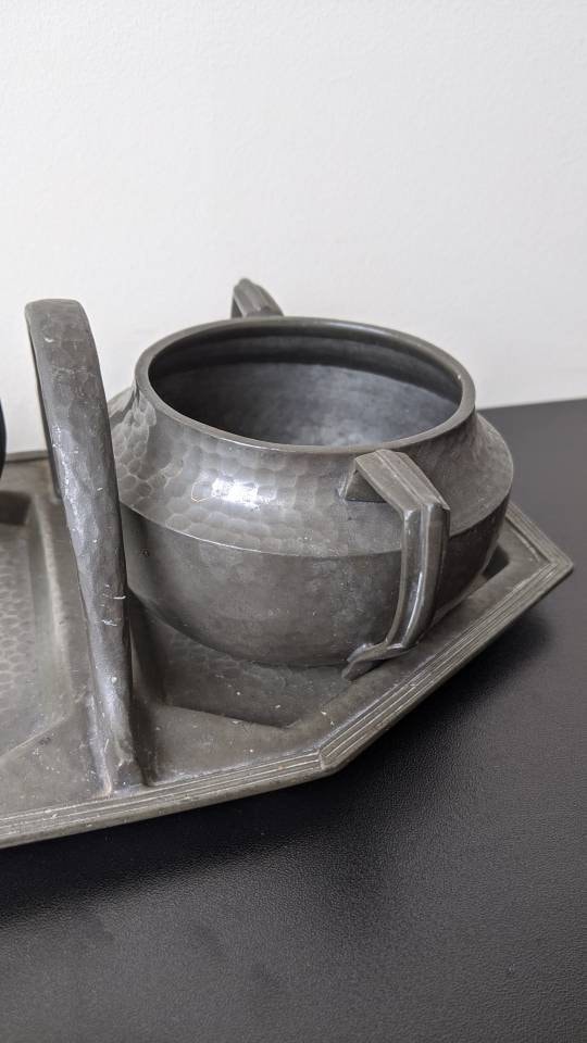 Antique Art Deco Tea Set, Milk Jug, Sugar Bowl and Tray by Tudric and Furniss Baronial Pewter.