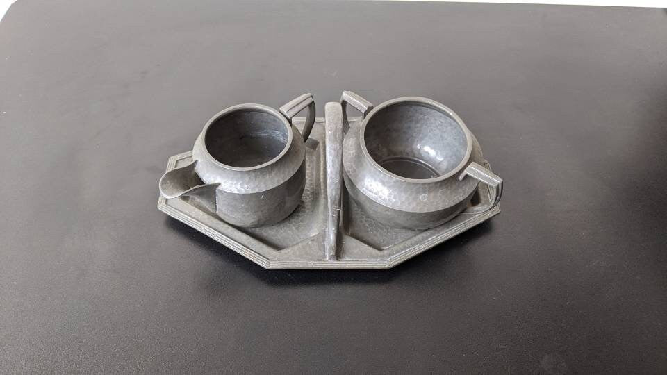 Antique Art Deco Tea Set, Milk Jug, Sugar Bowl and Tray by Tudric and Furniss Baronial Pewter.