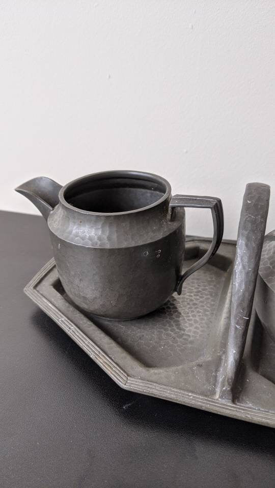 Antique Art Deco Tea Set, Milk Jug, Sugar Bowl and Tray by Tudric and Furniss Baronial Pewter.