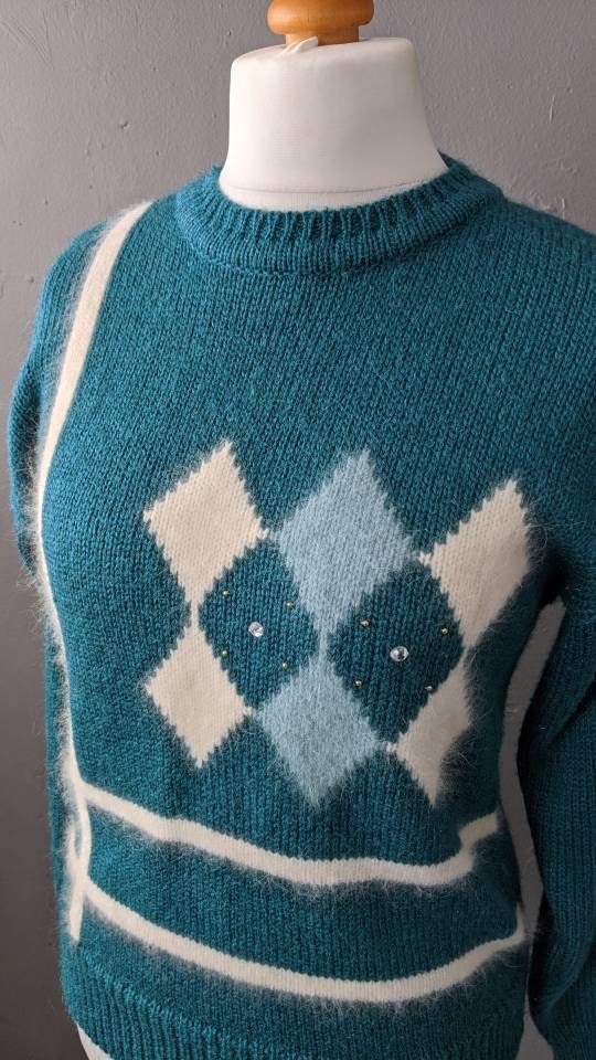 Argyle Angora Sweater, 80s Sea Green Jumper, Preppy Mohair Pullover, Size Medium Large