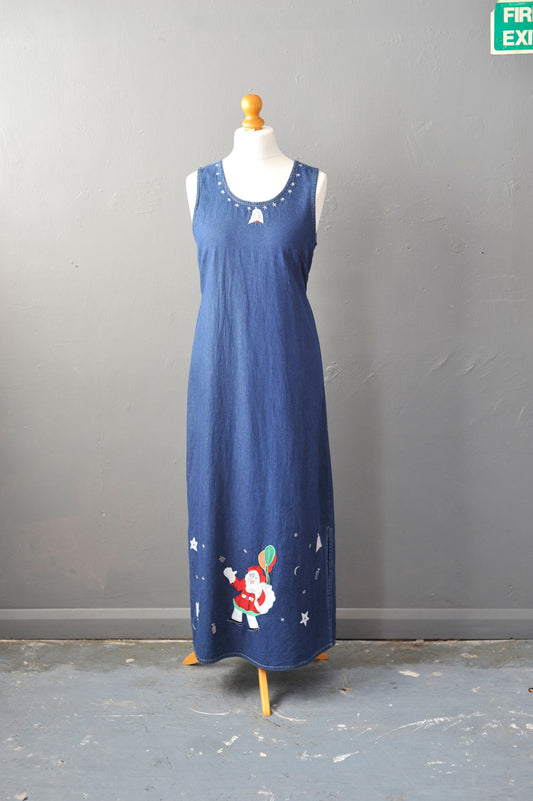 Santa Embroidered Denim Dress, 90s Christmas Clothing, Size Small Medium