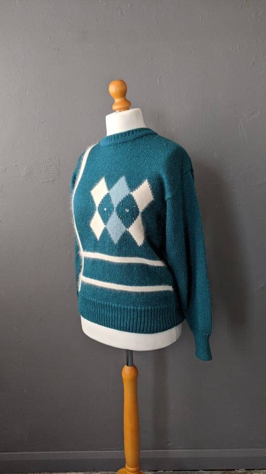 Argyle Angora Sweater, 80s Sea Green Jumper, Preppy Mohair Pullover, Size Medium Large