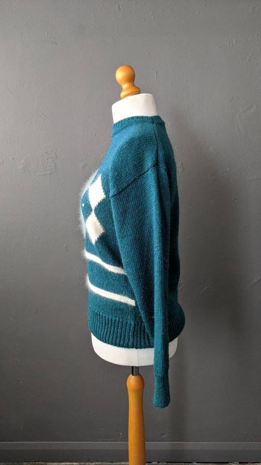 Argyle Angora Sweater, 80s Sea Green Jumper, Preppy Mohair Pullover, Size Medium Large