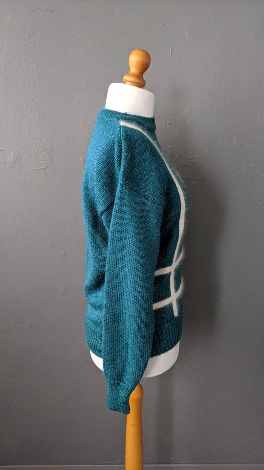 Argyle Angora Sweater, 80s Sea Green Jumper, Preppy Mohair Pullover, Size Medium Large