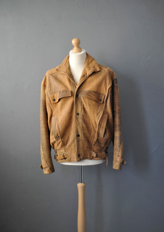 80s Tan Leather Coat, Eighties Dystopia Aviator Jacket, Size Medium