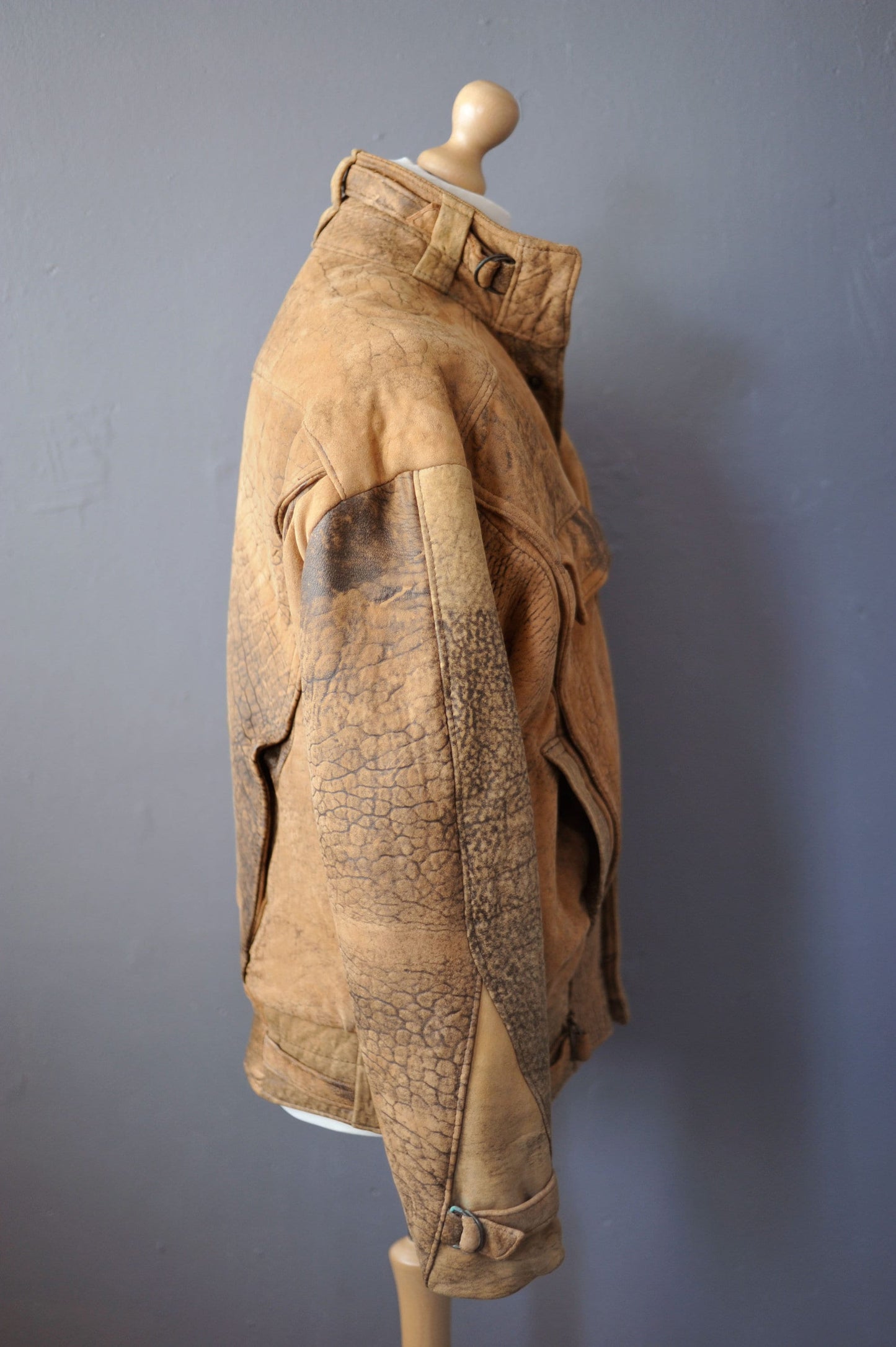 80s Tan Leather Coat, Eighties Dystopia Aviator Jacket, Size Medium