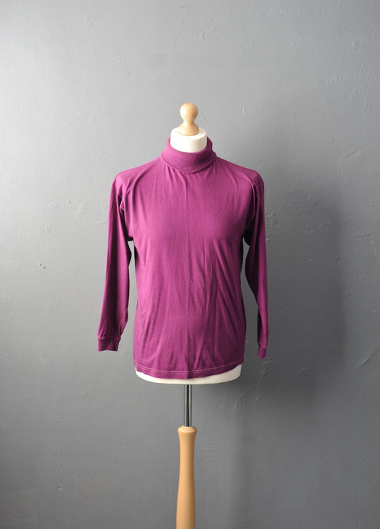 Vintage Plum Polo Neck, 80s Mock Neck Cotton Top, Size Medium