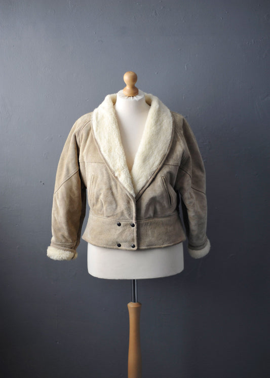 80s Suede Bomber Jacket, Faux Sheepskin Batwing Coat, Size Large