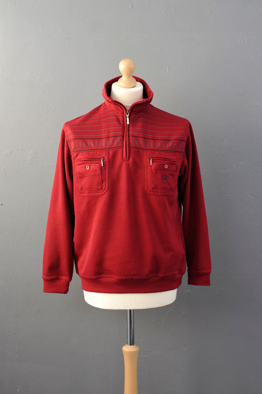 90s Burgundy Cotton Turtleneck Jumper with Zip Neck High Collar, Size M