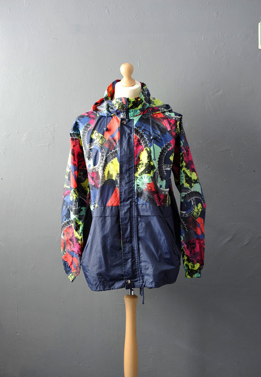 90s Waterproof Windbreaker, Lightweight Colourful Rain Coat with Hood, Size Large XL