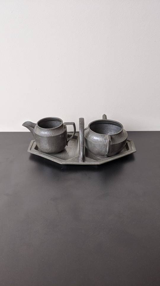Antique Art Deco Tea Set, Milk Jug, Sugar Bowl and Tray by Tudric and Furniss Baronial Pewter.