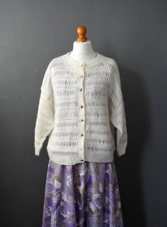 Vintage Cream Summer Cardigan, Lightweight Plus Size Knitwear
