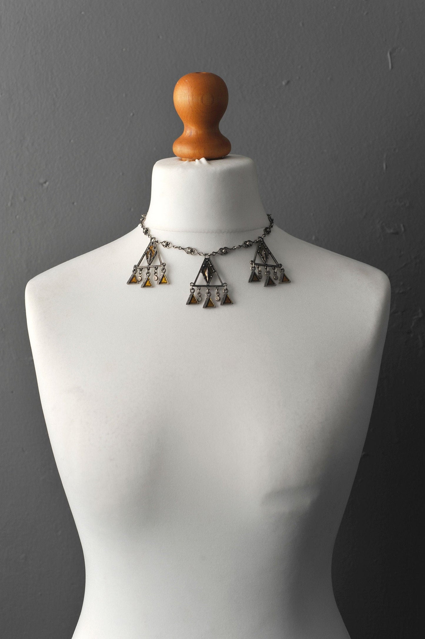 70s French DLH Depose Triangle Enamel Necklace, Modernist Brutalist Choker