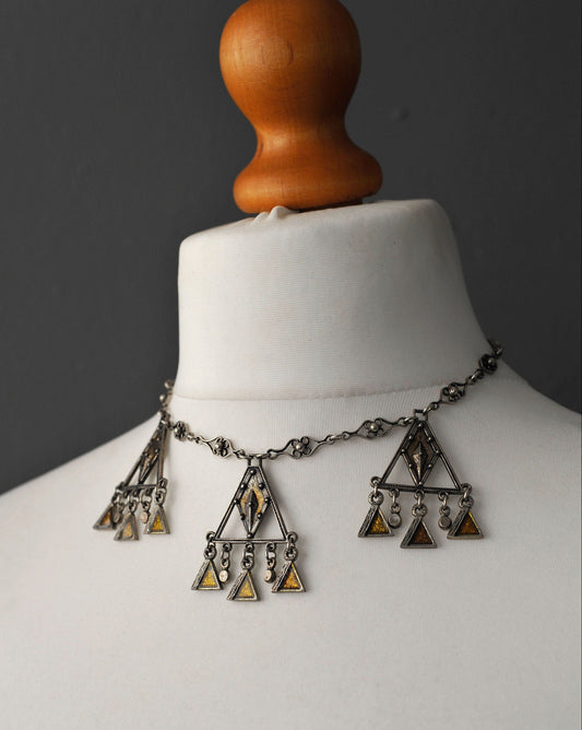 70s French DLH Depose Triangle Enamel Necklace, Modernist Brutalist Choker