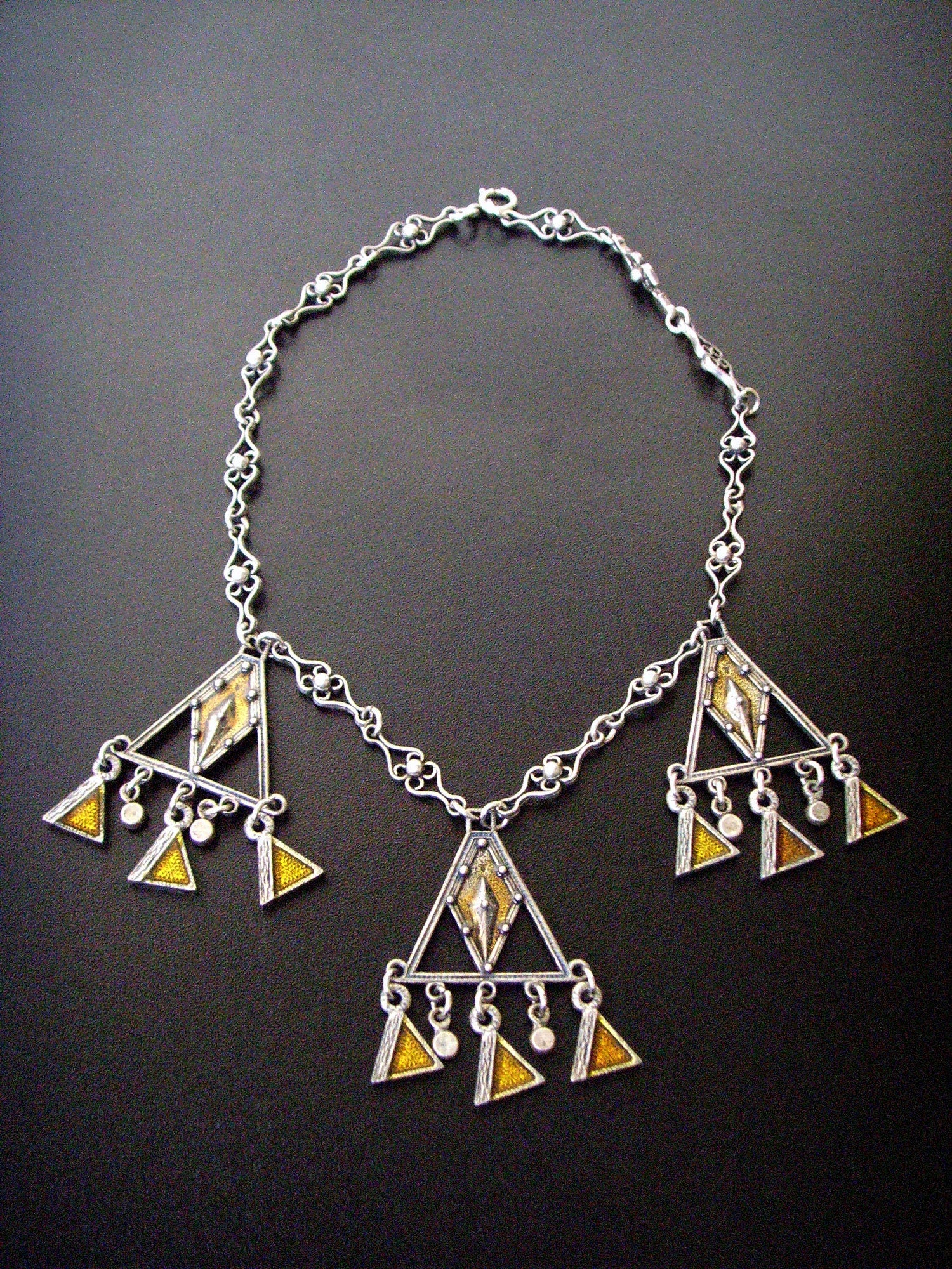 70s French DLH Depose Triangle Enamel Necklace, Modernist Brutalist Choker