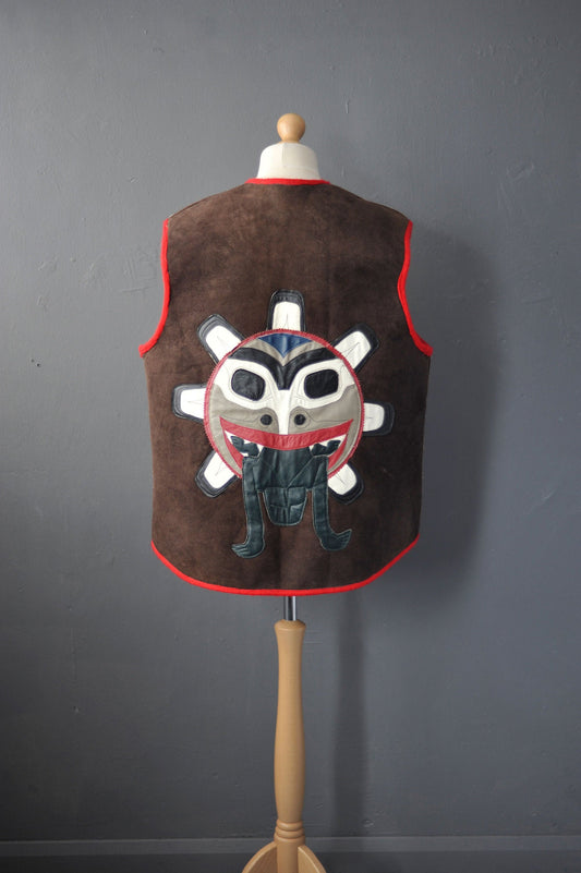 Vintage Sheepskin Gilet Vest with Native American Back Patch, Size XL