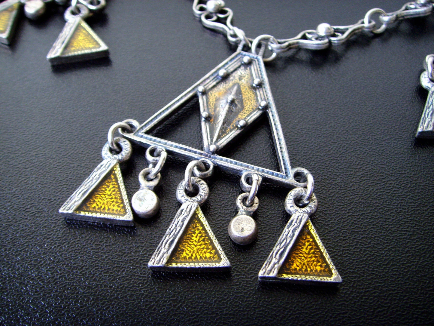 70s French DLH Depose Triangle Enamel Necklace, Modernist Brutalist Choker