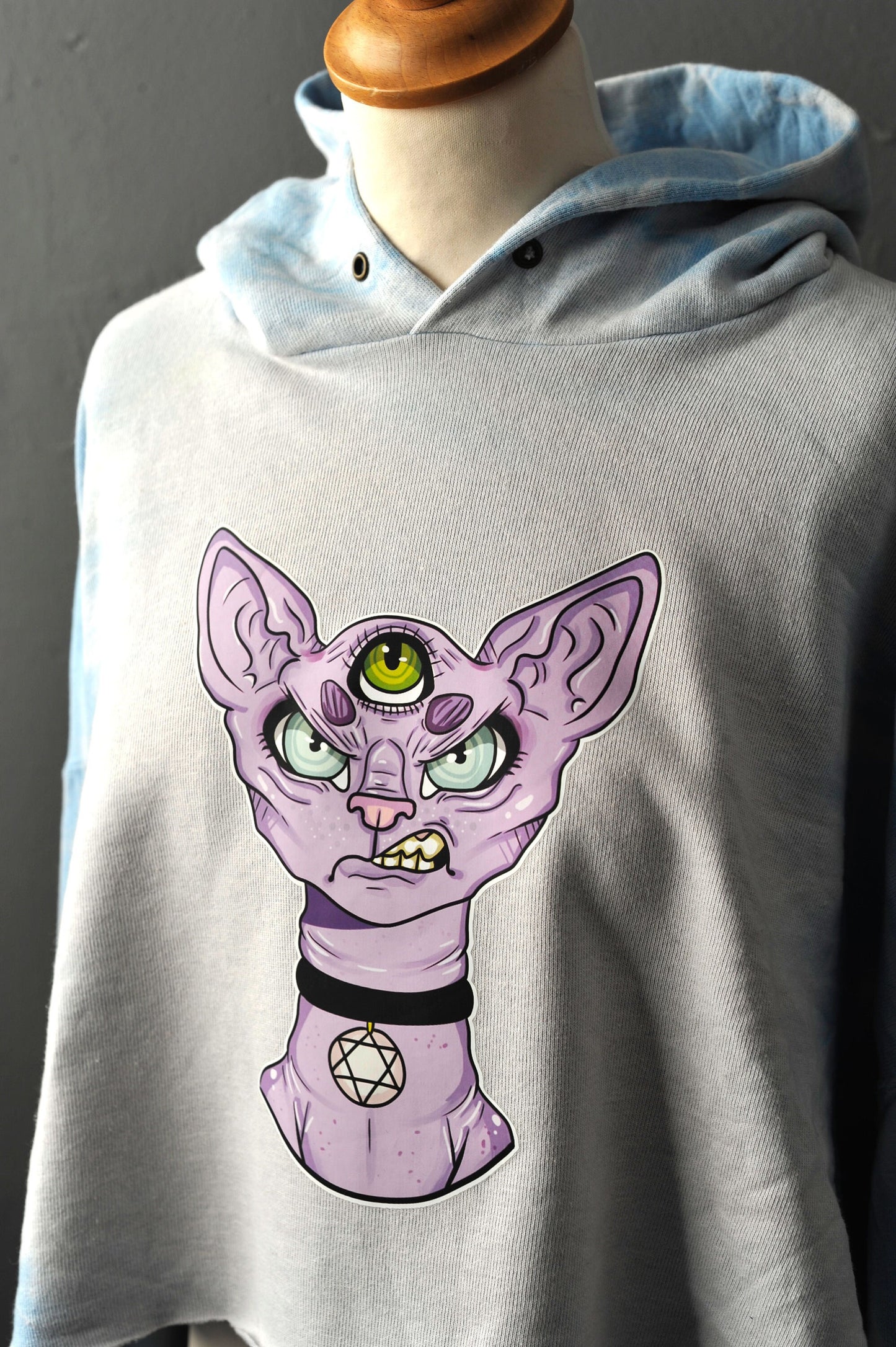 Ice Blue Tie Dye Cropped Hoodie with Occult Sphynx Cat
