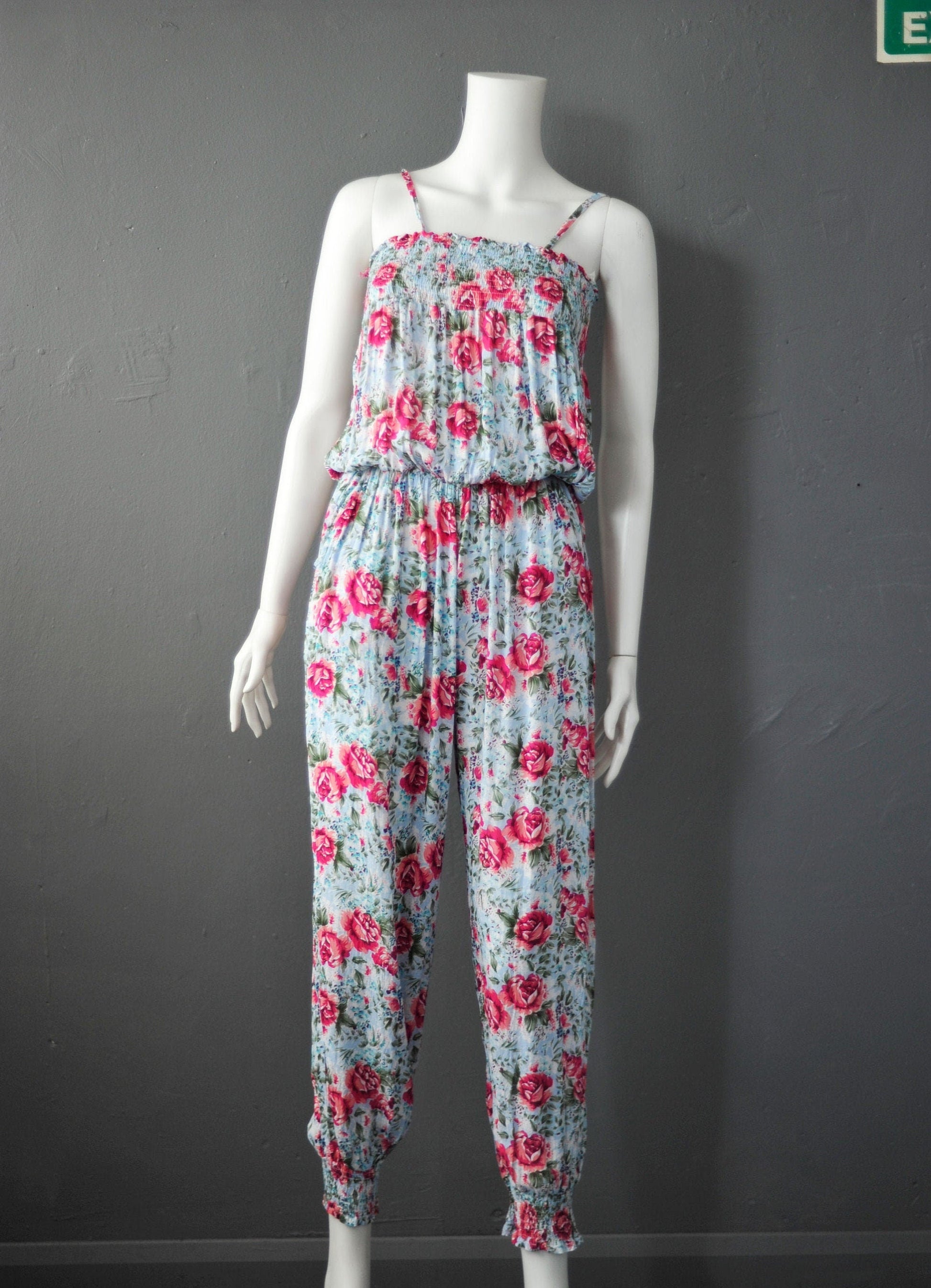 Strappy Rose Print Jumpsuit, 90s Tyk Cottagecore One Piece, Size Small to Medium