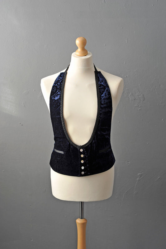60s Paisley Velvet Waistcoat by Akco, Adjustable U Neck Open Back Vest, 42 Chest