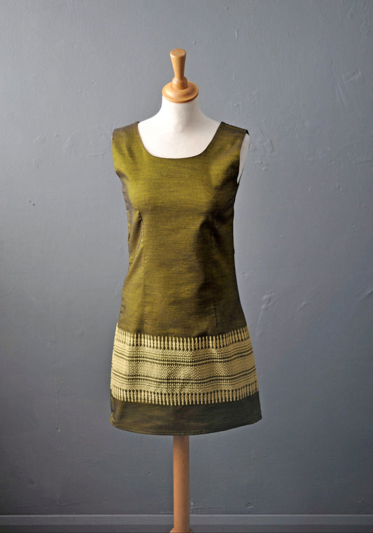 90s Olive Green Silk Dress, Rossukon Thai Sheath Dress, Size Petite Small