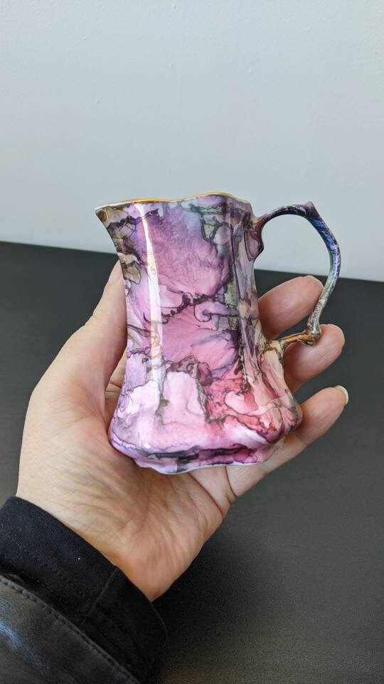 Handpainted Bone China Milk Jug, Watercolour Marbled Creamer by Visions Pottery Helen Bull Ceramics
