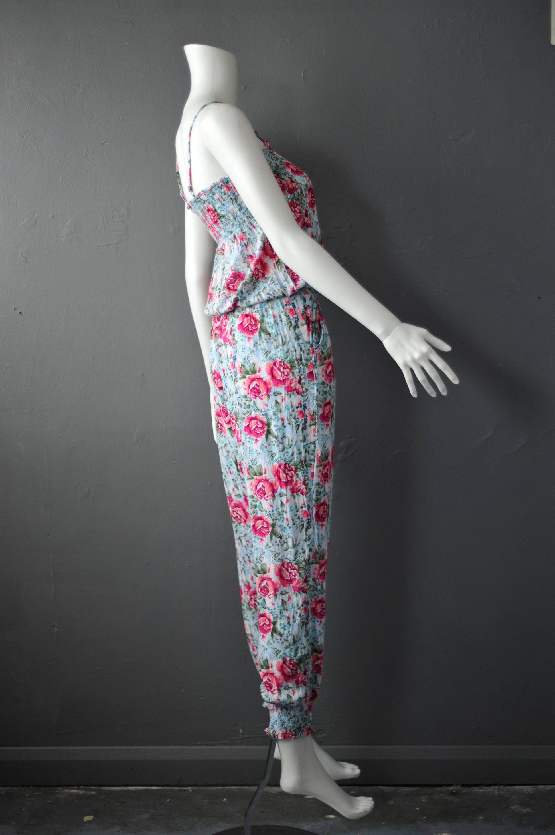 Strappy Rose Print Jumpsuit, 90s Tyk Cottagecore One Piece, Size Small to Medium