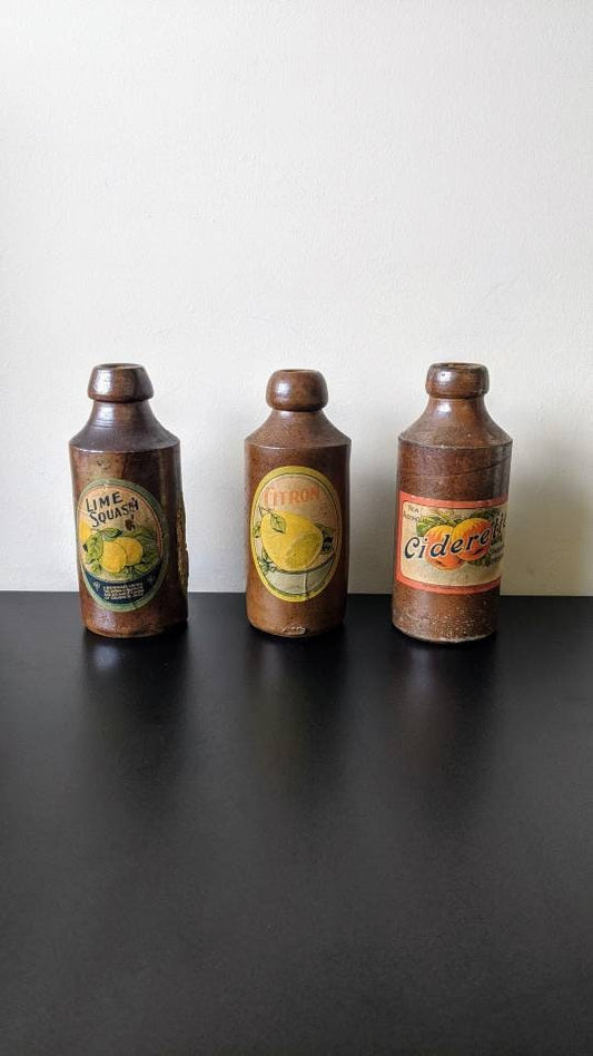 Antique Stoneware Pop Bottles, Duckworth Ciderette Citron Lime Squash