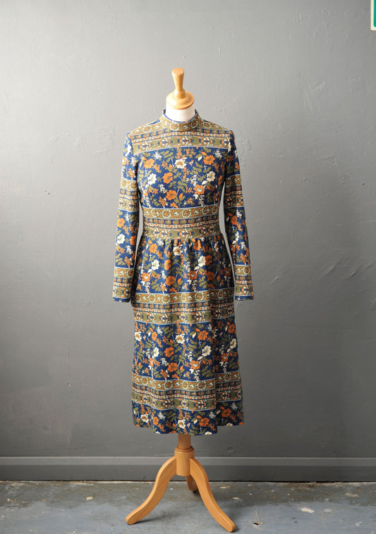 60s Horrockses Midi Dress with Arts and Crafts Style Print, High Collar, Size Small