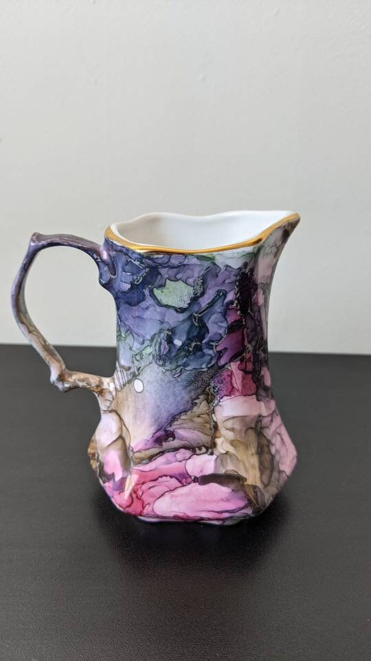 Handpainted Bone China Milk Jug, Watercolour Marbled Creamer by Visions Pottery Helen Bull Ceramics