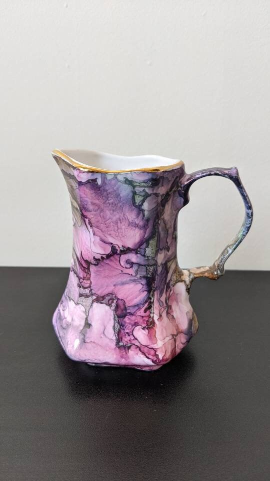 Handpainted Bone China Milk Jug, Watercolour Marbled Creamer by Visions Pottery Helen Bull Ceramics
