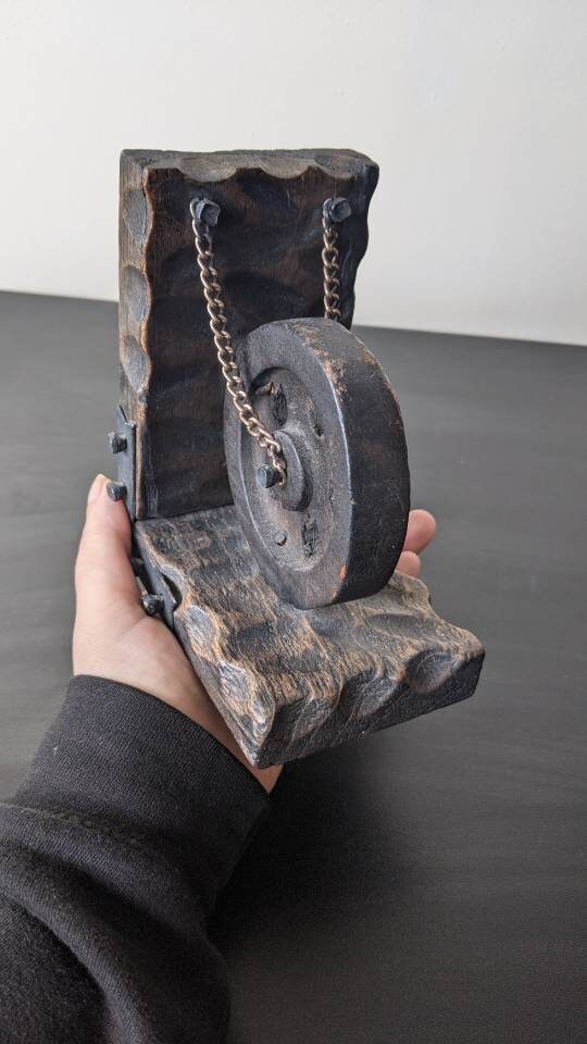 Mid Century Pulley Wheel Bookends, Handcarved Rustic Industrial Medieval Style