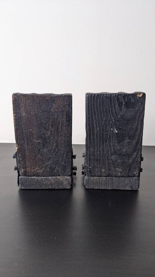 Mid Century Pulley Wheel Bookends, Handcarved Rustic Industrial Medieval Style