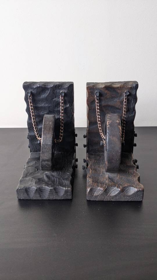 Mid Century Pulley Wheel Bookends, Handcarved Rustic Industrial Medieval Style
